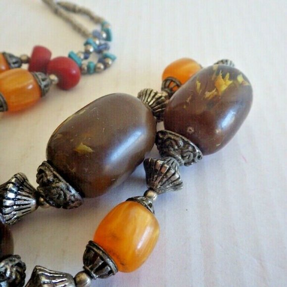 VINTAGE MONIES GERDA LYNGGAARD AMBER BAKELITE TURQUOISE BARREL BEADED NECKLACE - Picture 4 of 8